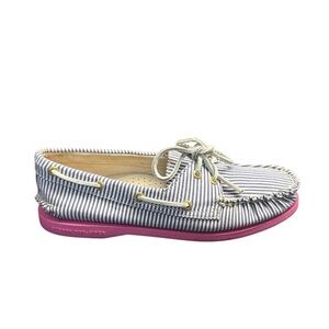 Sperry for J. Crew Women's Boat Shoes Blue Stripe Pink Soles Size 6.5 Casual